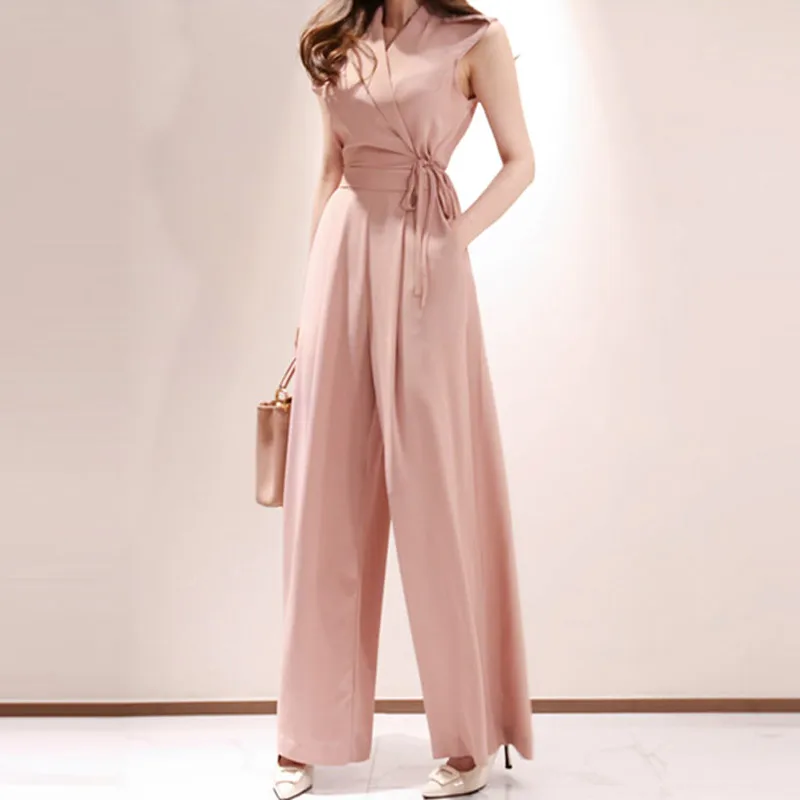 

Summer Women 2019 pink Overalls Maxi Jumpsuit v-neck lace-up wide-legged pants sexy Female bodysuit romper jumpsuits