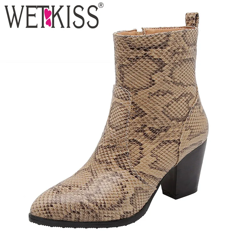 

WETKISS Snake Skin Boots Women Heels High Ankle Boot Pointed Toe Shoes Female Shoes Ladies Western Shoes Winter Plus Size 46