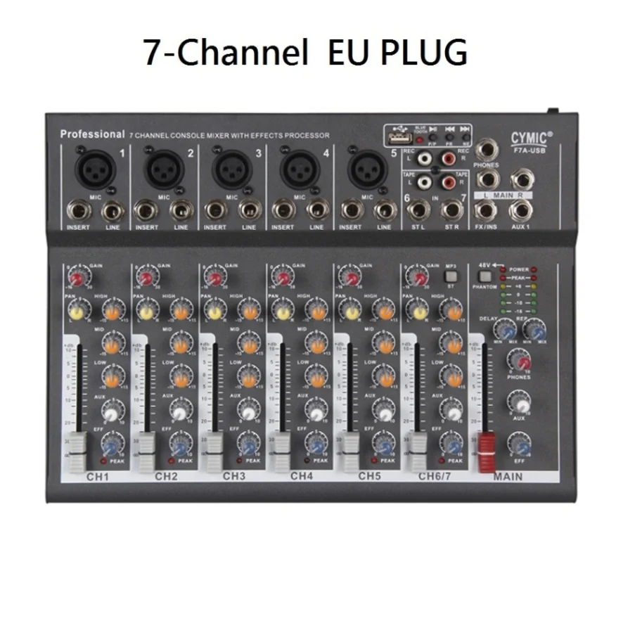 7-канальный звук микшерный пульт Портативный микшер с USB DJ звук 48В микшерный пульт усилитель для караоке Вечерние - Цвет: Black EU PLUG 7
