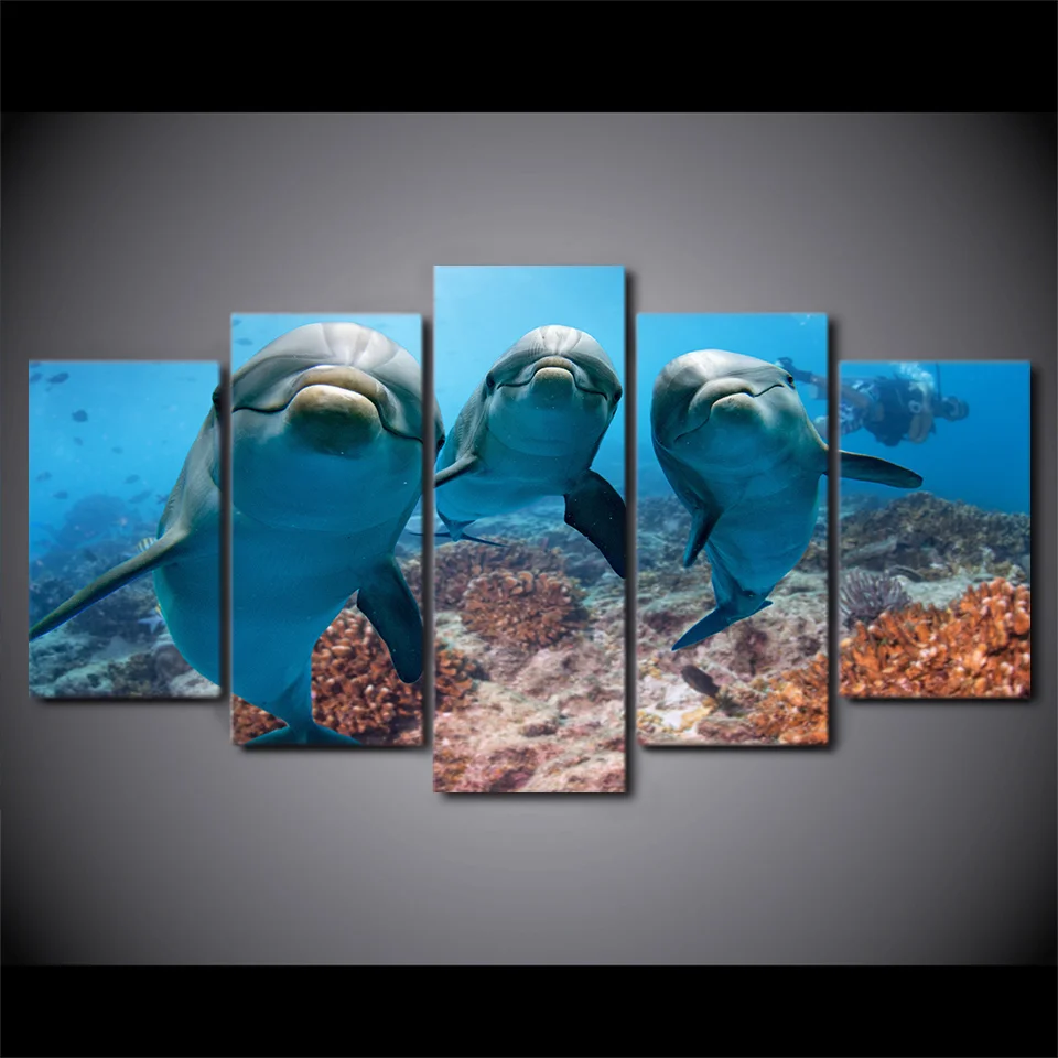 5 Piece painting HD Printed Deep Ocean Swimming Dolphin Paintings for Living Room Wall Posters and Prints Free Shipping QQ-1510B | Дом и сад