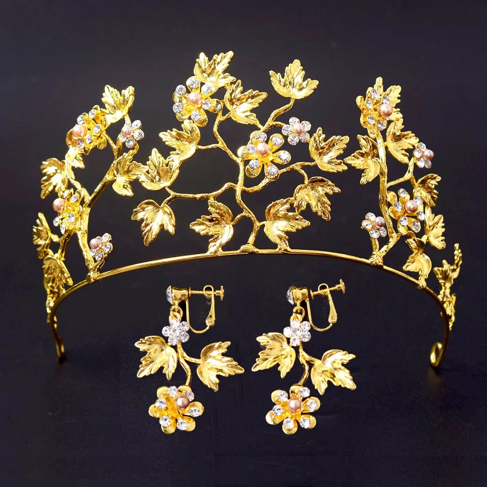 

Gold Flower Leaf Bridal Tiaras With Earrings Vintage Bridal Hair Jewelry Rhinestone Crowns Wedding Bridal Headpiece
