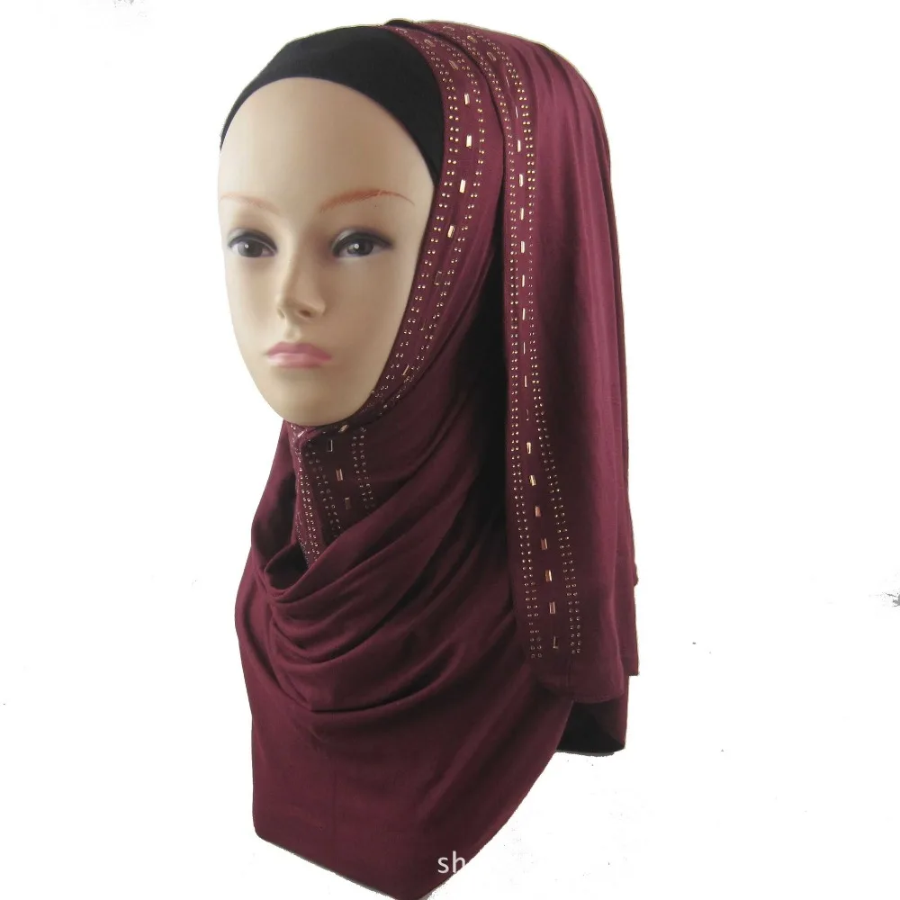 H1260 Soft modal elastic jersey long scarf with gold rhinestones,head scarf wrap,fast delivery