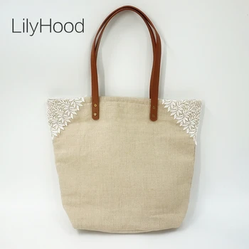 

LilyHood Women Shabby Chic Lace Handbags Handmade Linen Jute Retro Wedding Crochet Canvas Lace Feminine Top-Handle Big Totes Bag