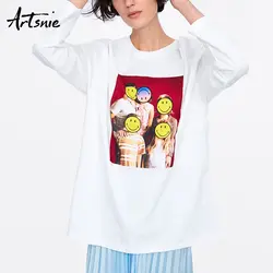Artsnie уличная мультфильм белый для женщин футболка весна 2019 с длинным рукавом o средства ухода за кожей шеи футболки трикотажные повседнев