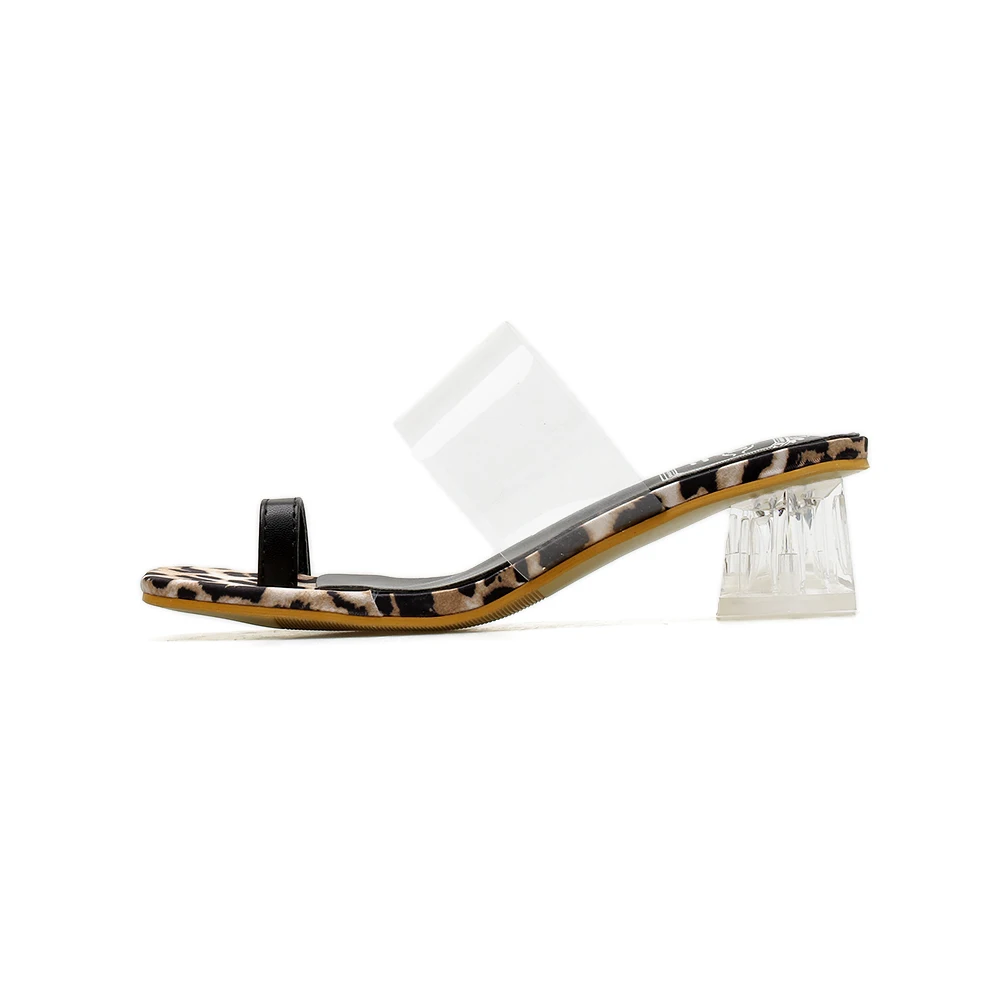 AIYKAZYSDL/женские летние сандалии с квадратным носком; прозрачные шлепанцы без задника на массивном квадратном каблуке; пляжная обувь на среднем каблуке с леопардовым принтом