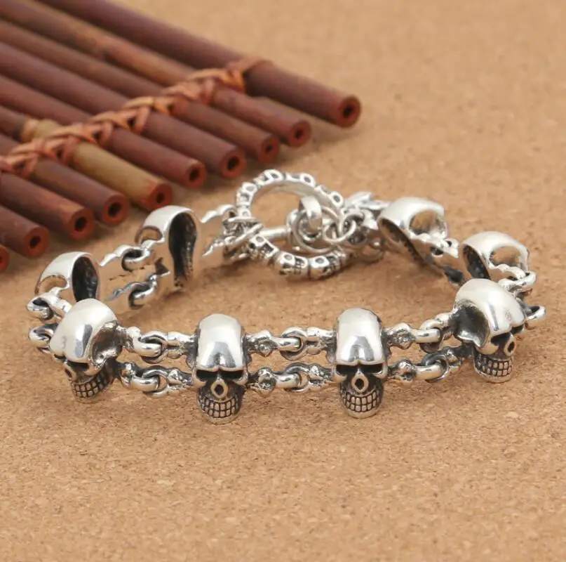 

925 Sterling Silver Punk Rock Skull Charm Hand Chain S925 Bangle Bracelet