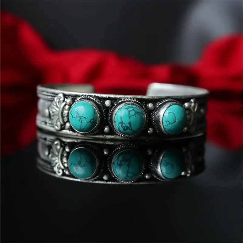 

BB-084 Tibetan Antiqued Bangles Copper Inlay 3 Simulated Turquoises Beads Open Cuff Bangle Nepal Vintage Bangle