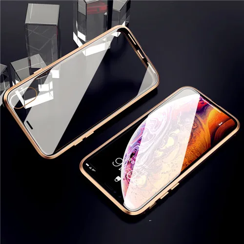 360 Полный Магнитный чехол для iPhone 11 Pro 11 Pro MAX Алюминиевый металлический бампер для iPhone XS XR XS MAX 8 7 6 6S Plus стеклянный чехол - Цвет: Transparent gold