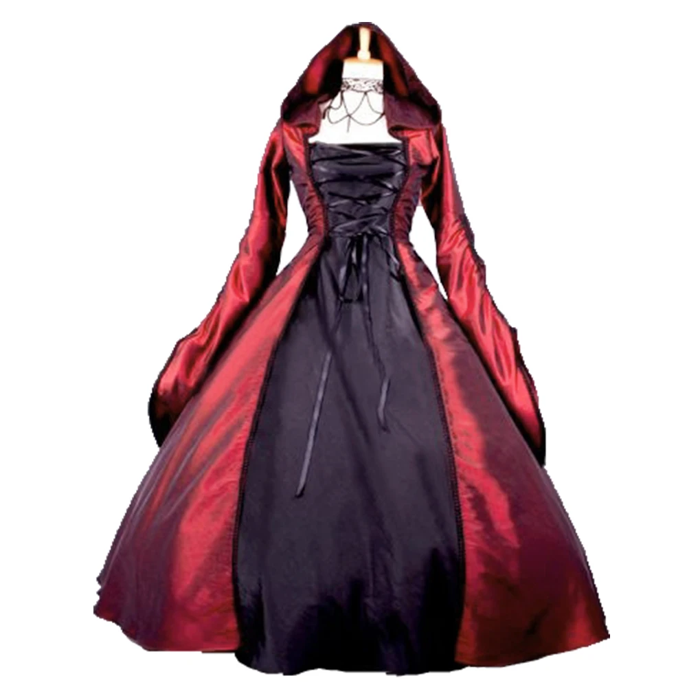 

Women's Gothic Lolita Witch Dress Victorian Poplin Long Sleeve Hooded Halloween Dress Red Black Cosplay Dresses