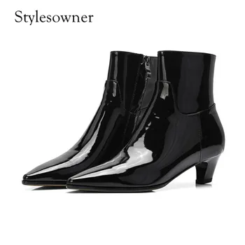 

Stylesowner Western Style 2018 Winter New Black Patent Leather Ankle Boots Pointed Toe Hand-made Mid-heel Fashion short Boots