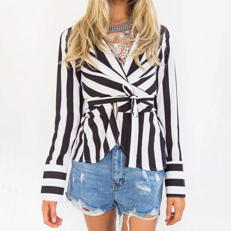 Lossky Floral Striped V Neck Lace-Up Blazer Feminino Autumn Long Sleeve Shirts Fashion Women Blazer Jackets Coat Officewear Tops
