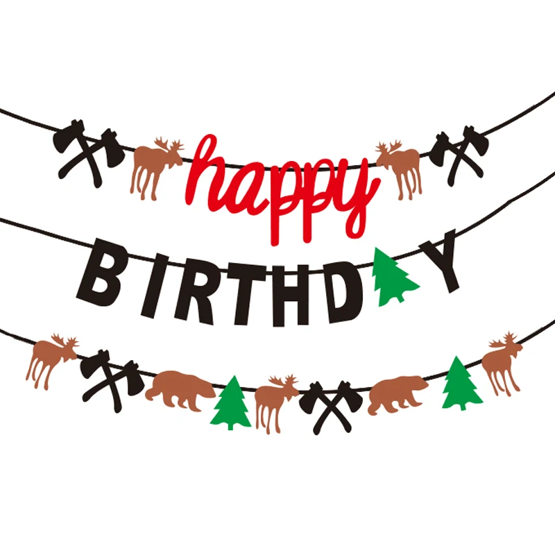 

Ax Lumberjack Happy Birthday Banner Garland Woodcutters Brown Bear Elk Bunting for Baby Boy Girl Theme Birthday Party Decoration