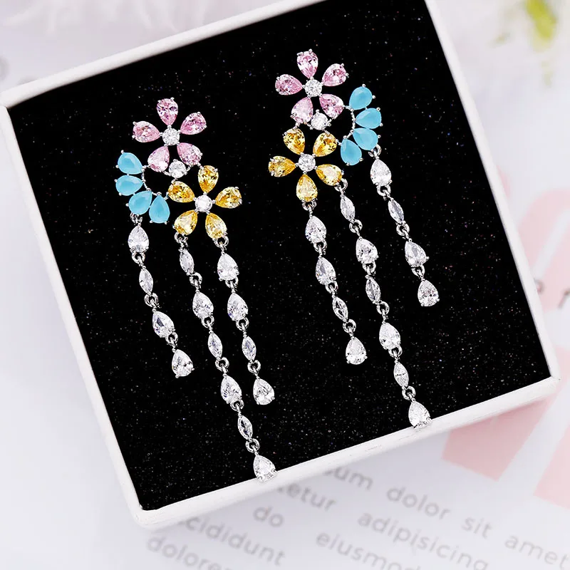 

SWOUR New Fashion Jewelry S925 Silver Needle CZ Flower Waterdrop Tassel Design Colorful Crystal Dangle Earrings For Women S375