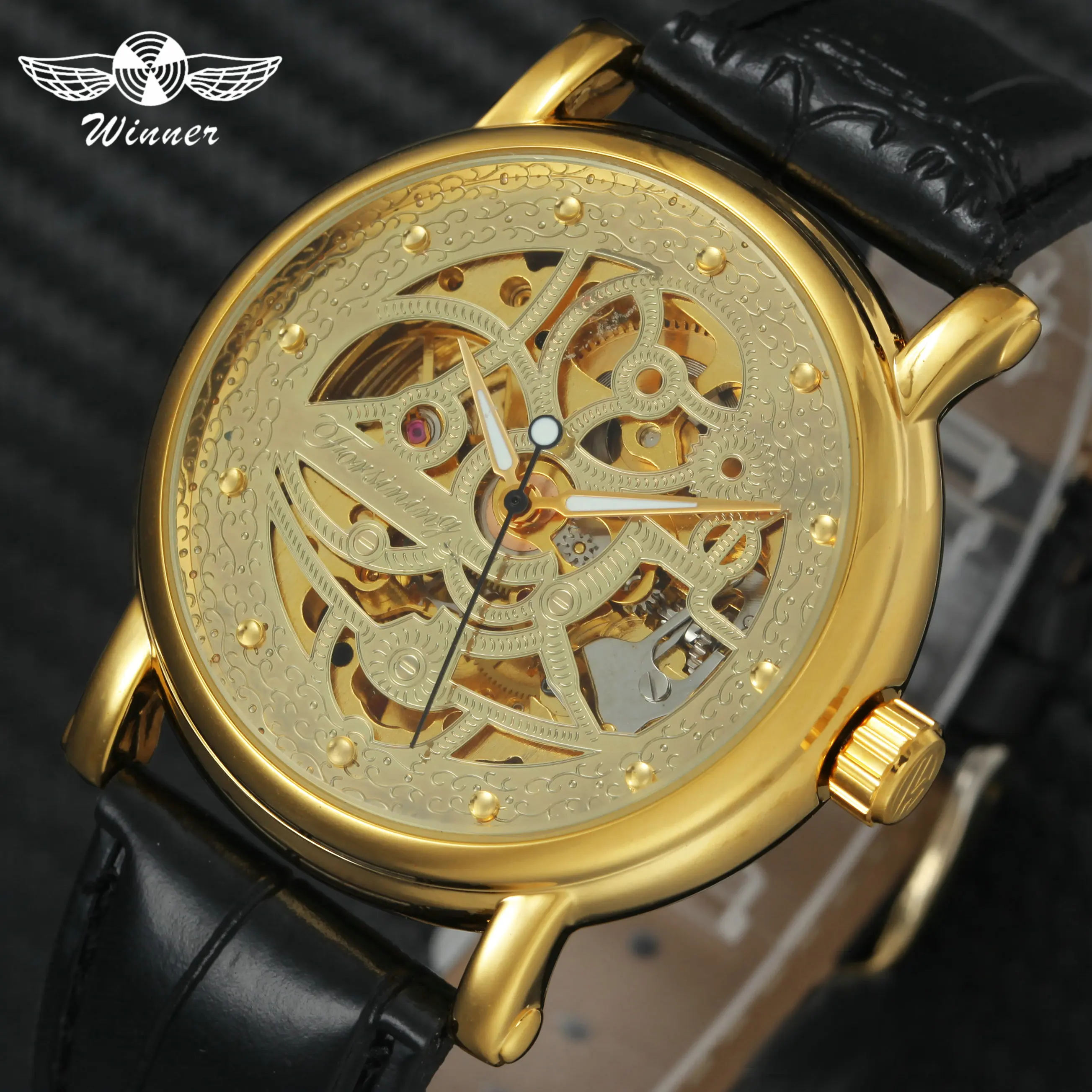 

WINNER Golden Unisex Men Women Mechanical Watches Skeleton Crystal Decoration Dial Top Brand Luxury Lover's Wristwatches Gift