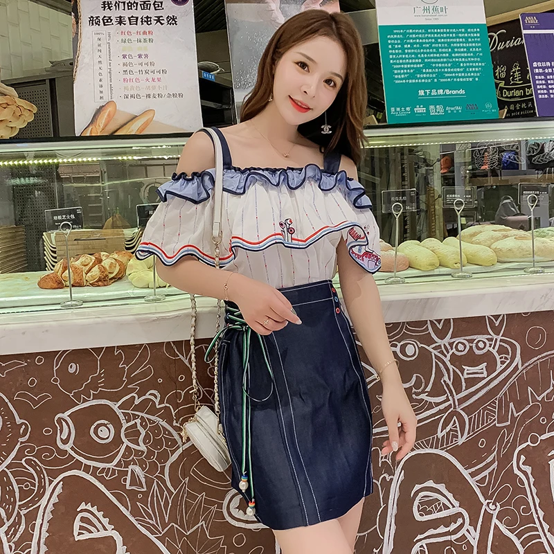 

Women Ruffles Striped Strap Blouse Shirt + Lace-up Letter Mini Skirts Set 2019 Summer Off Shoulder Tops Bandage Skirt 2PCS Set