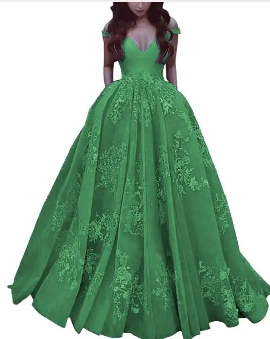 Элегантное бальное платье с открытыми плечами, атласное платье для выпускного вечера, кружевное платье в пол с аппликацией, вечерние платья, Vestido Festa - Цвет: Зеленый