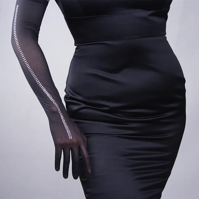 Ultra Thin Long Women'S Black Silk Gloves Retro Black Mesh Hot Drilling Banquet Gloves Touch