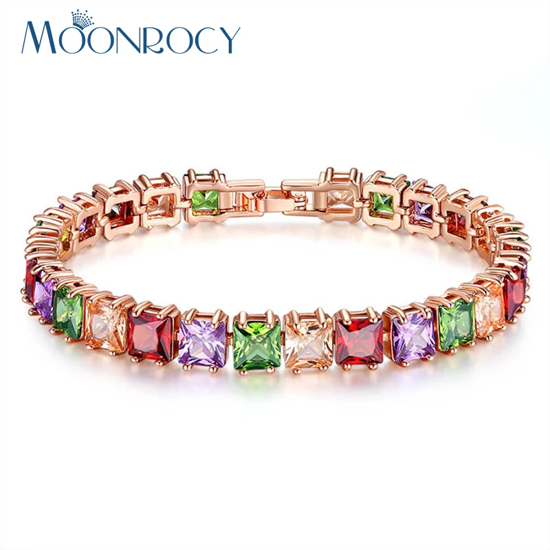 MOONROCY Free Shipping Rose Gold Color Square Colourful Crystal Cubic Zirconia Bracelet Jewelry Bangle for Girl Women Gift | Украшения и