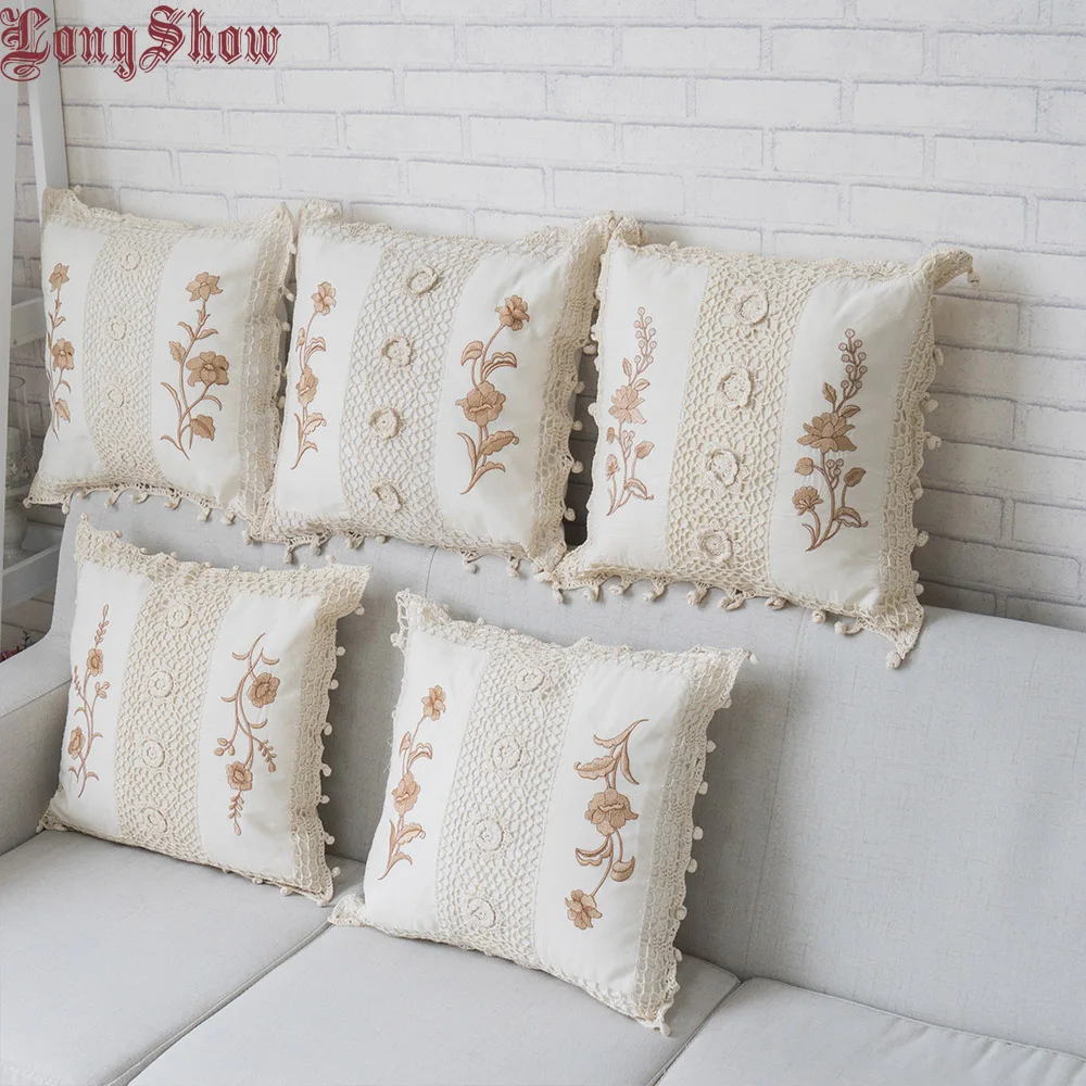 

45x45cm Square Home Decorative Handmade Crocheted Ribbons Embroidery Beige Color Cotton Fabric Floral Pillow Case