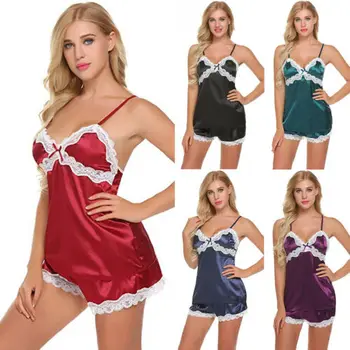 

2pcs Women Sexy Satin Sling Sleepwear Tops + Shorts Set Ladies Lingerie Lace Bow Nightdress Underwear Suit Pijama Pijamas Sets