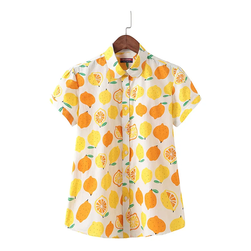 

New Arrival Fashion Women's Plus S-5XL Blouses Short Fruit Flower Printing Shirts Womens Tops Ladies Yellow Button Female 2018