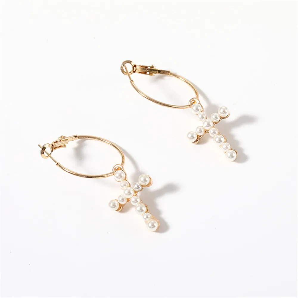 CRLEY earring cross pearl Drop Earrings For Women Gold Color Round Circle Connected Elegant Female Christmas Gifts | Украшения и