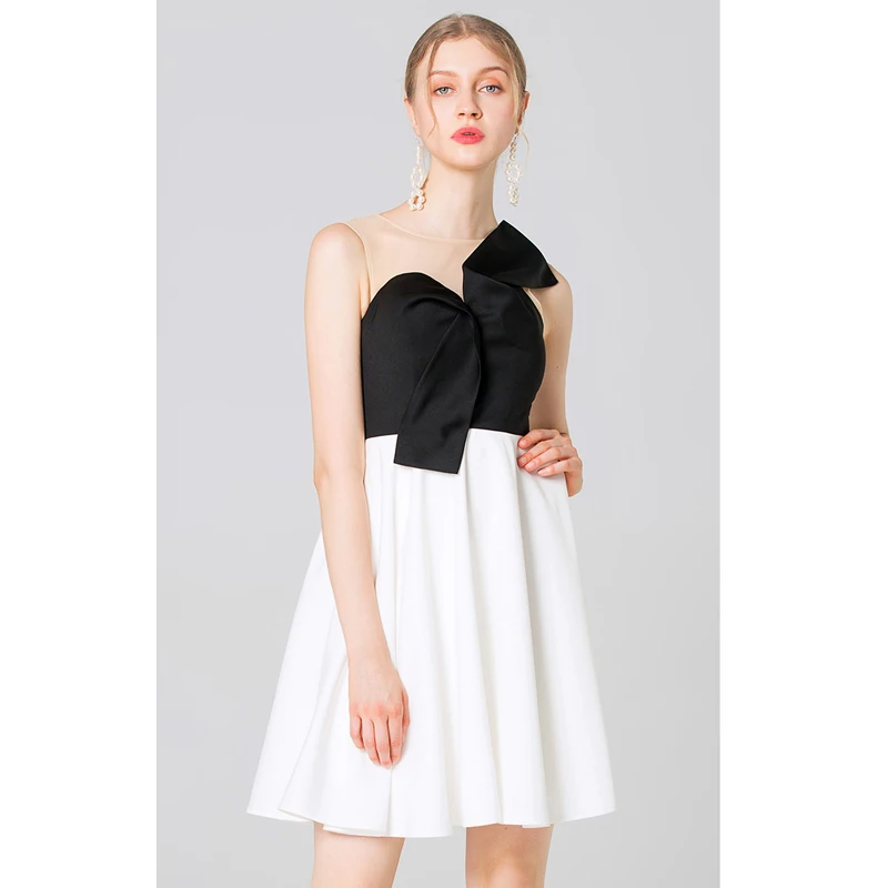 sheer nude mesh patchwork color block black and white night party dress twist bow a line ruffle mini dress sexy women dress