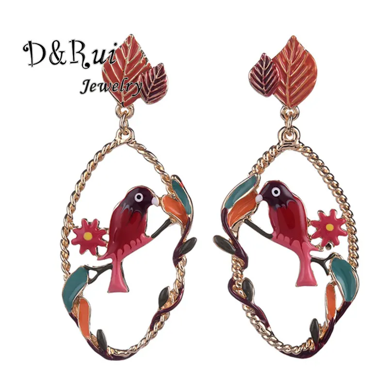 

2019 Vintage Korean Charm New Animal Enamel Bird Flower Jewelry Women Long Earring Women Big Dangle Earrings Drop Large for Girl