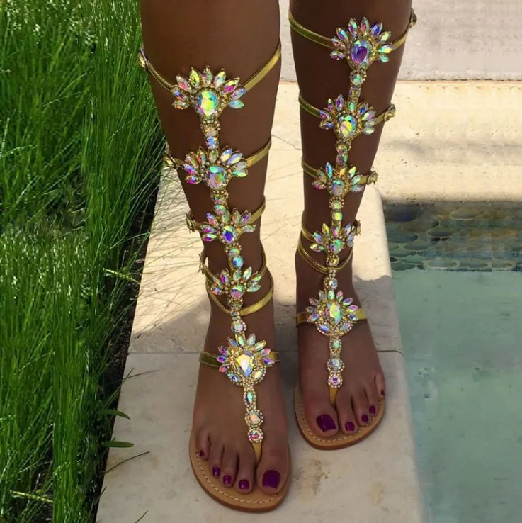 

Women Rhinestone Crystal Stone Flat Sandals Ladies Design High Top Cross Strap Summer Party Dress Shoes 35-47 Plus Size