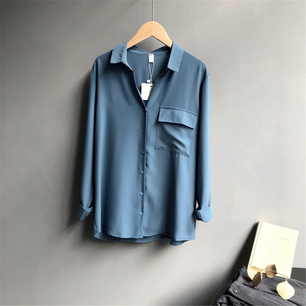 High Quality Office Lady Elegant Single Pocket Blouse 2018 Autumn Women Tops And Blouses Shirts Women's Long Sleeved Solid Shirt (2)