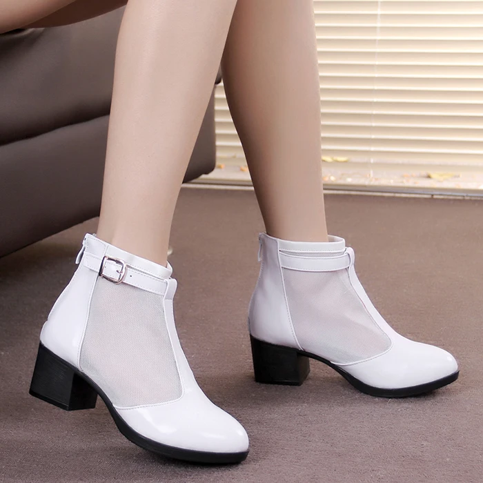 

Summer Woman Sandals Ankle Boots Genuine Leather Thick Mid Heel Lace Gauze Lady Grenadine Buckle Cut Out Plus Size 35-42 SXQ0526