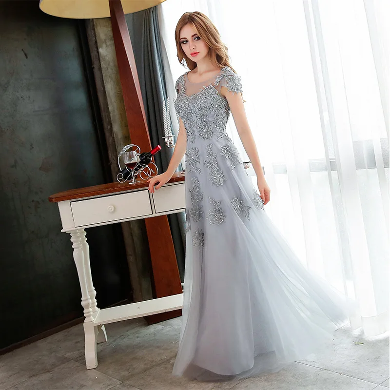 Long Evening Dresses 2017 Hot Silver Grey Lace Embroidery Beading