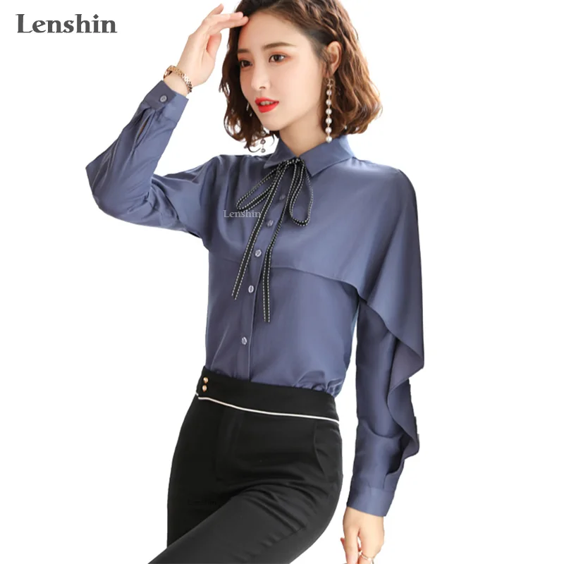 Lenshin шаль-блузка Рабочая одежда офисные женские рубашки с галстуком-бабочкой женские топы с рюшами Chemise