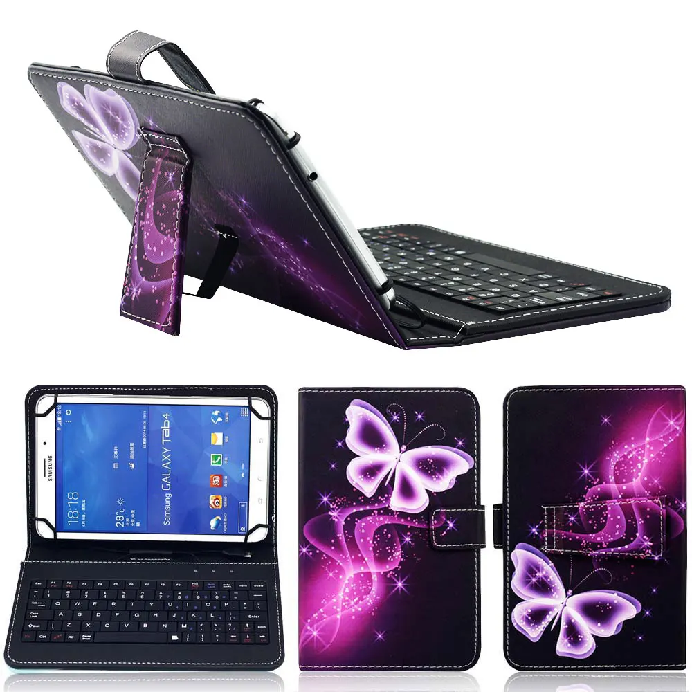 Универсальный 9,6 10 10,1 дюймовый ноутбук ПК Клавиатура чехол Funad из искусственной кожи флип-чехол с подставкой и микро-usb клавиатурой - Цвет: purple butterfly