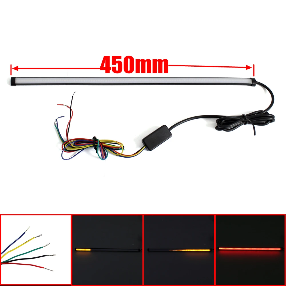 

Motorcycle Red Amber LED 45cm Sequential Switchback Flowing Tail Brake Light Running Turn Signal Integrated Light Strip