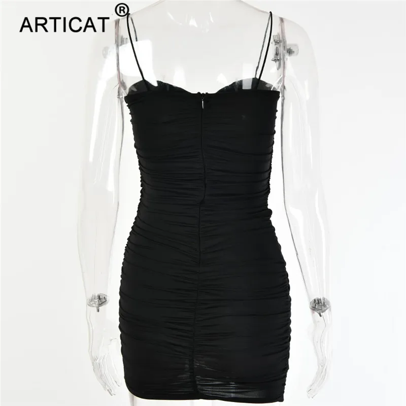Articat сексуальное летнее платье на тонких бретельках с рюшами, женское платье с открытыми плечами, без бретелек, без спинки, облегающее мини-платье, плиссированные вечерние платья