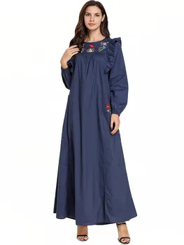 

Comfortable and fashionable plus-size dress with blue embroidered long sleeve round collar pocket Muslim casual dress