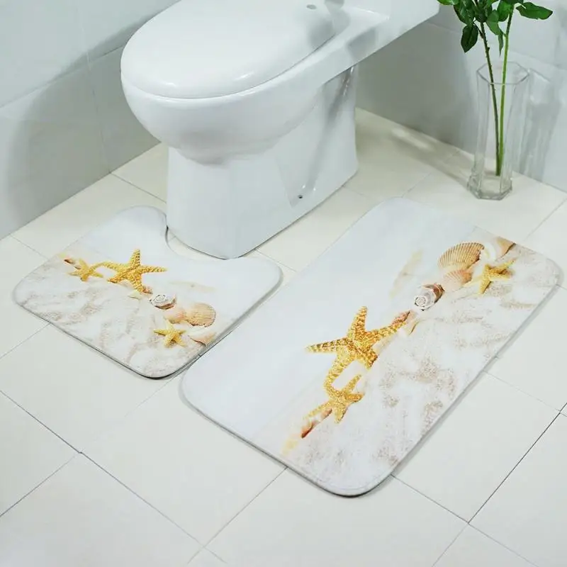 

2pcs/set New Beach Shell Toilet Carpet Mat Bathroom Set Carpet Absorbent Non-Slip Pedestal Doormat Rug Lid Toilet Cover Bath Mat