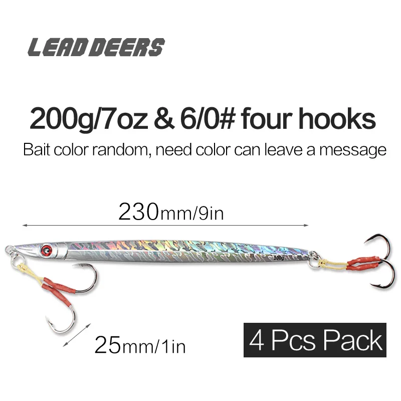 200g 4 hooks x 4Pcs Leaddeers, высокое качество, приманка, свинцовая рыба, металлические приспособления 120, 160, 200 г, 4 цвета, приманка для морской рыбалки, Deepsea, железная пластина, приманка - Цвет: 200g 4 hooks x 4Pcs