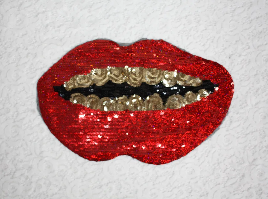 RED LIPS KISS sequined patches Jeans decoration fabric sew on applique