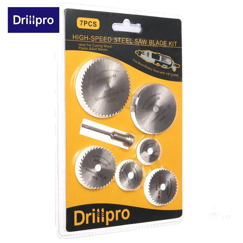 

Drillpro 7Pcs HSS Rotary Tools Circular Saw Blades Cutting Discs Mandrel Cutoff Cutter Power Tools Multitool Christmas Gift