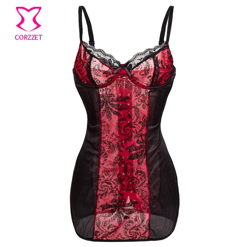 Red/Black Mesh Floral Print Chemise Babydoll Underwire Cup Straps
