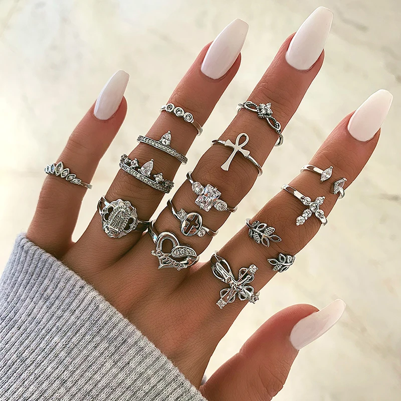 

14 Pcs/ Set Boho Hollow Cross Leaf Crown Virgin Mary Letter Crystal Silver Opening Ring Set Female Charm Party Jewelry Gift