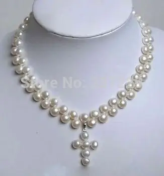 

HOT## Wholesale price SHIPPING ^^Charming 2 Rows White Akoya Cultured Pearl Cross Pendant Necklace 17"