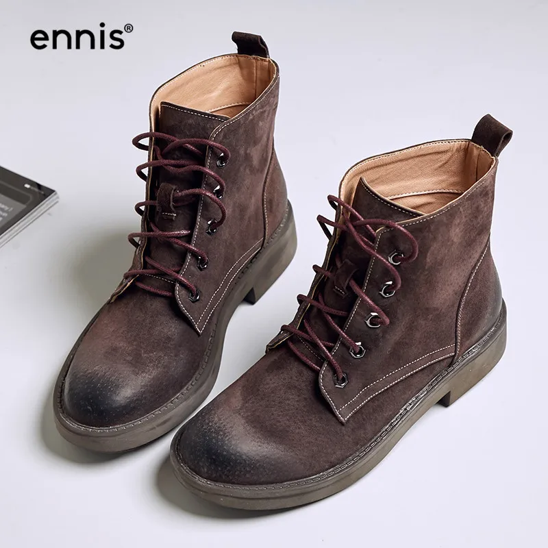 ENNIS 2018 Pigskin Retro Booties Genuine Leather Lace Up Martin Boots