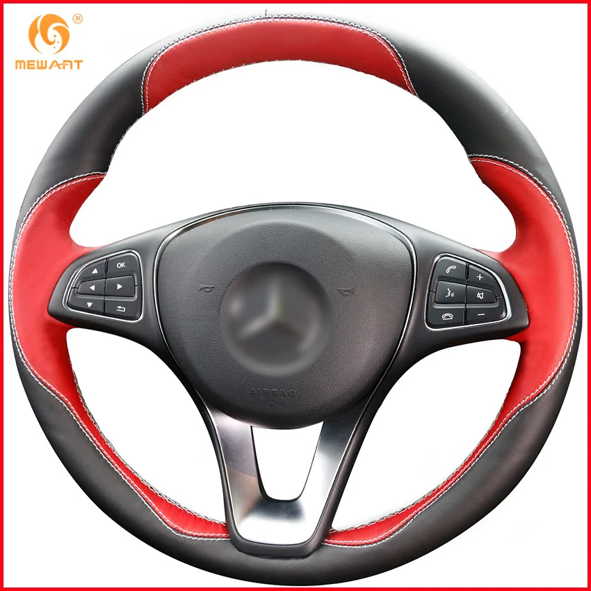 MEWANT Black Red Leather Car Steering Wheel Cover for Mercedes Benz C180 C200 C260 C300 B200
