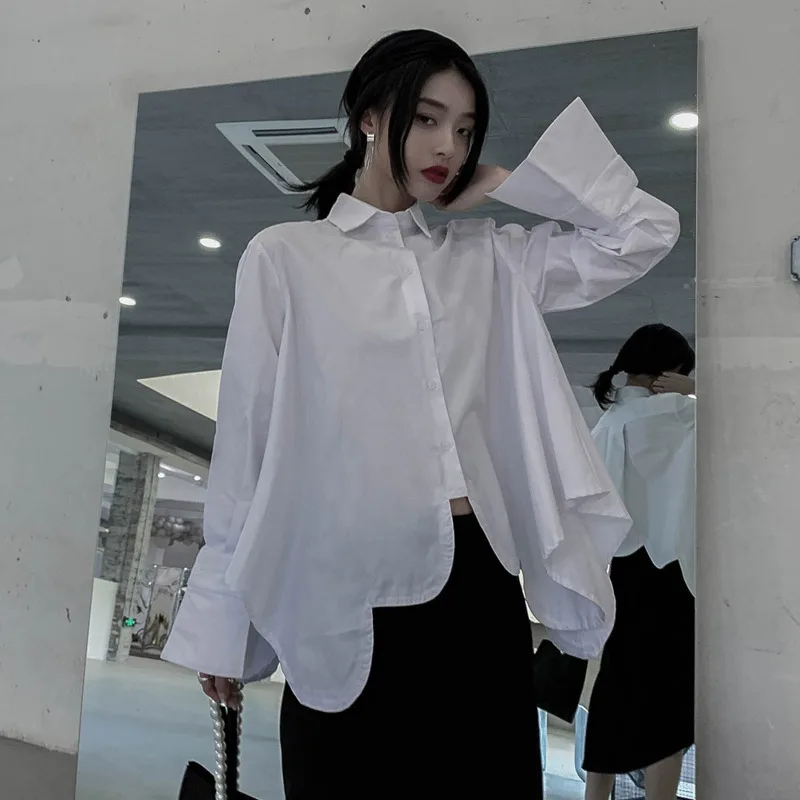 

[EWQ]2019 New Spring Summer Lapel Long Sleeve White Irregular Hem Cut Stitch Irregular Big Size Shirt Women Blouse Fashion JO195