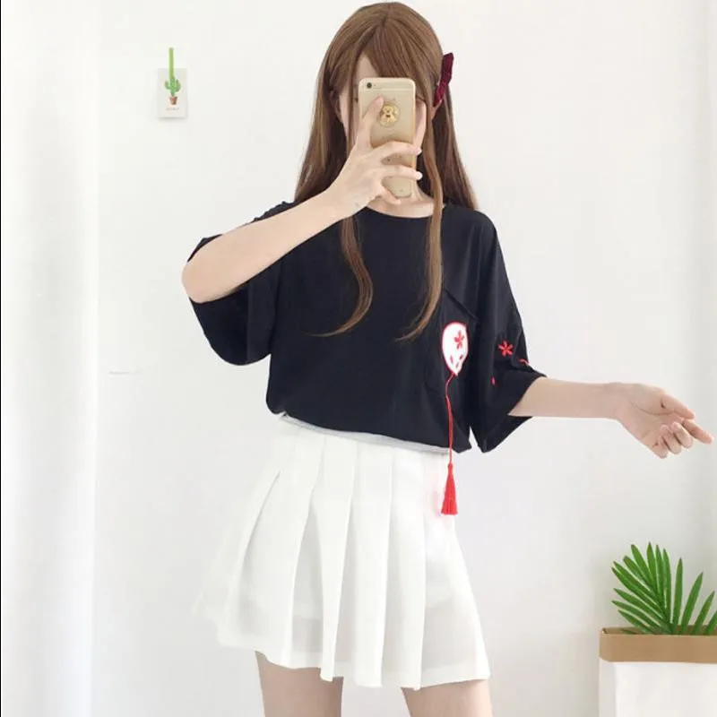 Лето Новое поступление Женская Футболка Harajuku Сладкая Сакура вышивка кисточки короткий рукав с круглым вырезом Повседневная футболка Топы футболки Femme