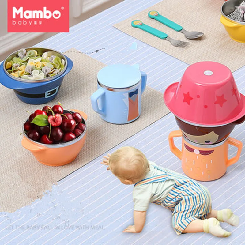 Cartoon Child Plate Tableware Dishware Dinnerware Set Stainless steel Infant Food Bowl Cup Feeding Dinner Fork Spoon for Kids