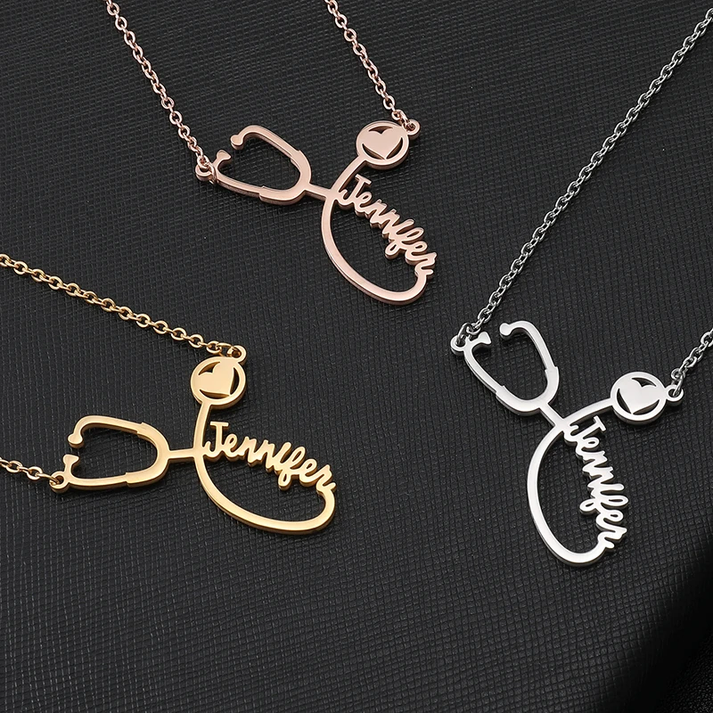 

Customized Name Necklaces Stethoscope Personalized Nameplate Necklaces For Women Stainless Steel Gold Silver Necklace Jewelry